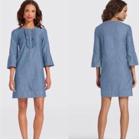 Draper James Chambray Ruffled Denim 100% Cotton Shift Dress Size Six - Picture 10 of 10